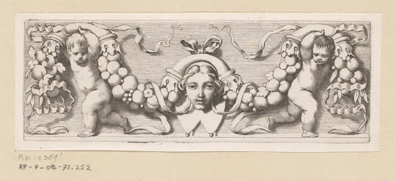 Twee putti met een guirlande van fruit Wall Art by Claude Mellan - High-Resolution Digital Print