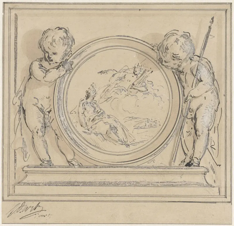 Twee putti met medaillon, waarin de verschijning van Apollo aan de muze Wall Art by Jacob de Wit - High-Resolution Digital Print