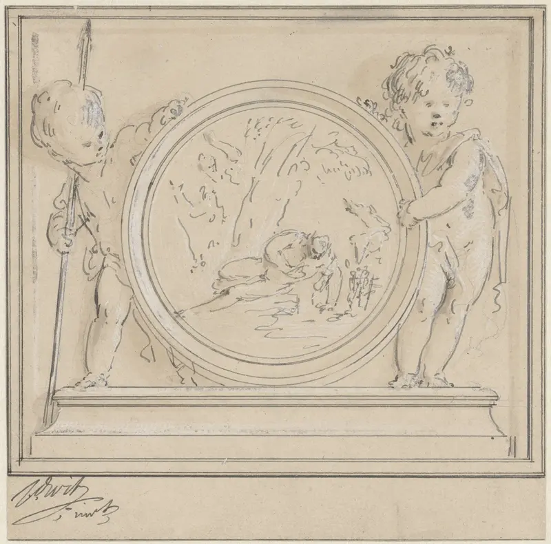 Twee putti met medaillon, waarin Narcissus en Echo Wall Art by Unknown - High-Resolution Digital Print