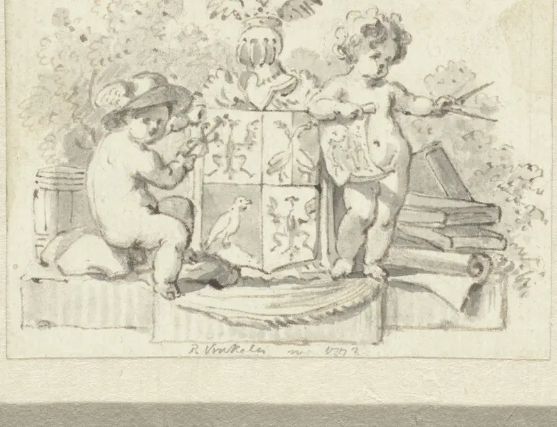 Twee putti, met passer en aesculaap, bij het familiewapen van Schoemaker Wall Art by Reinier Vinkeles (I) - High-Resolution Digital Print