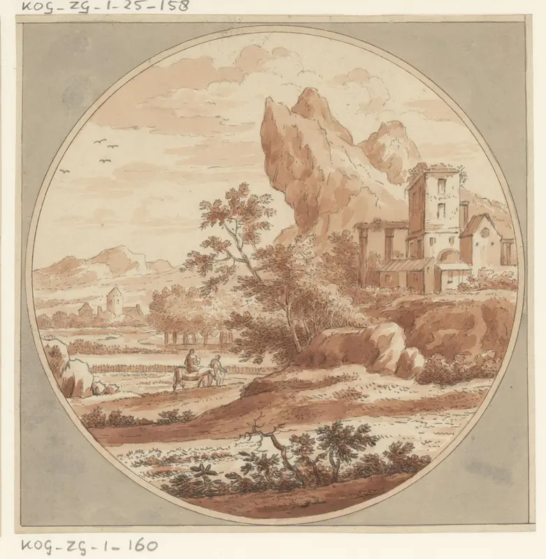 Twee reizigers met ezel in een rotsachtig landschap met kasteel Wall Art by Unknown - High-Resolution Digital Print