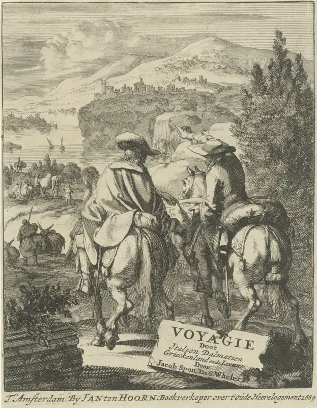 Twee reizigers te paard bestuderen een kaart Wall Art by Jan Luyken - High-Resolution Digital Print