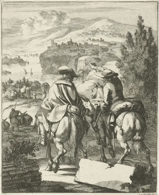 Twee reizigers te paard bestuderen een kaart Wall Art by Unknown - High-Resolution Digital Print