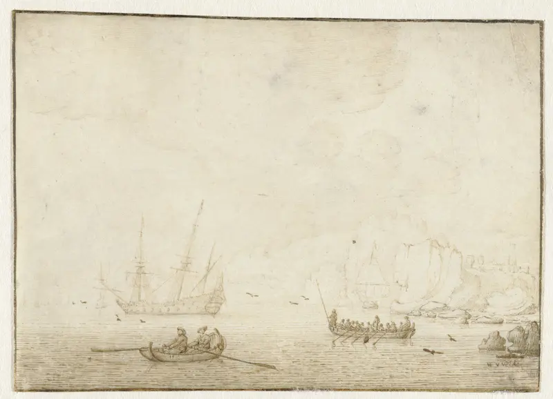 Twee roeiboten bij een zeilschip voor anker in een baai Wall Art by Unknown - High-Resolution Digital Print