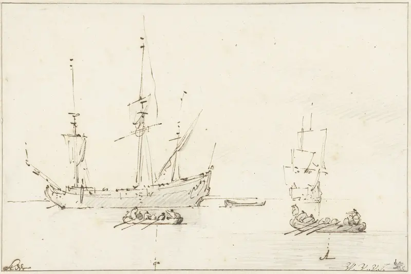 Twee roeiboten varen in de richting van een koopvaardijschip Wall Art by Willem van de Velde (II) - High-Resolution Digital Print