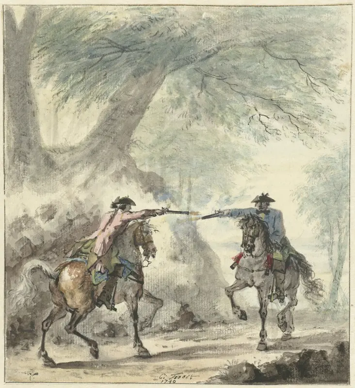 Twee ruiters, elkaar op een bosweg ontmoetend en op elkaar vurend Wall Art by Cornelis Troost - High-Resolution Digital Print