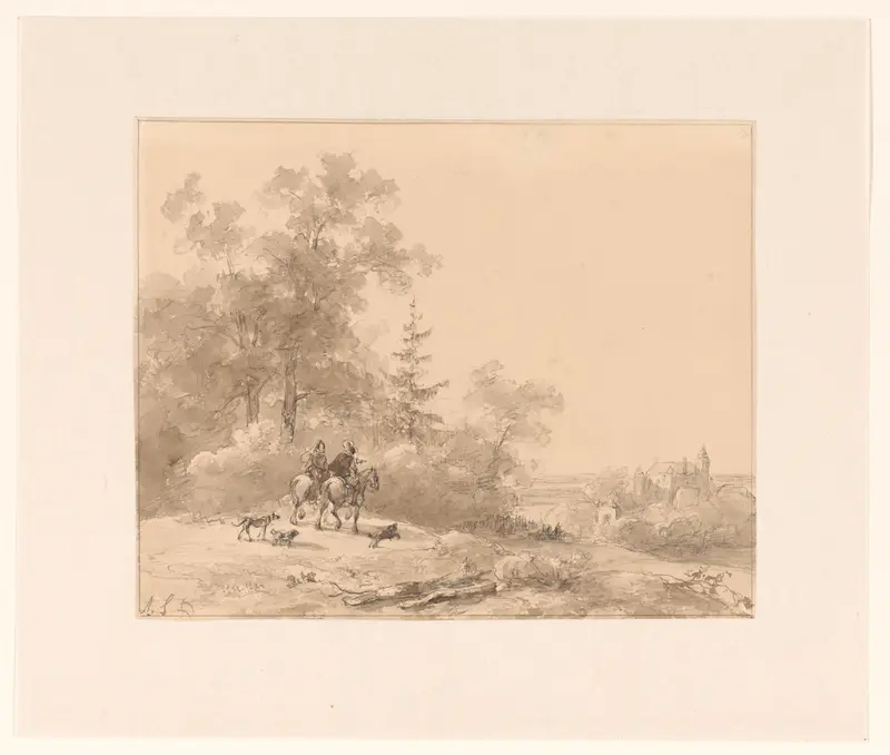 Twee ruiters vergezeld door enkele honden op weg naar het kasteel Wall Art by Andreas Schelfhout - High-Resolution Digital Print