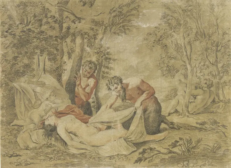 Twee saters bespieden een slapende nimf Wall Art by Unknown - High-Resolution Digital Print