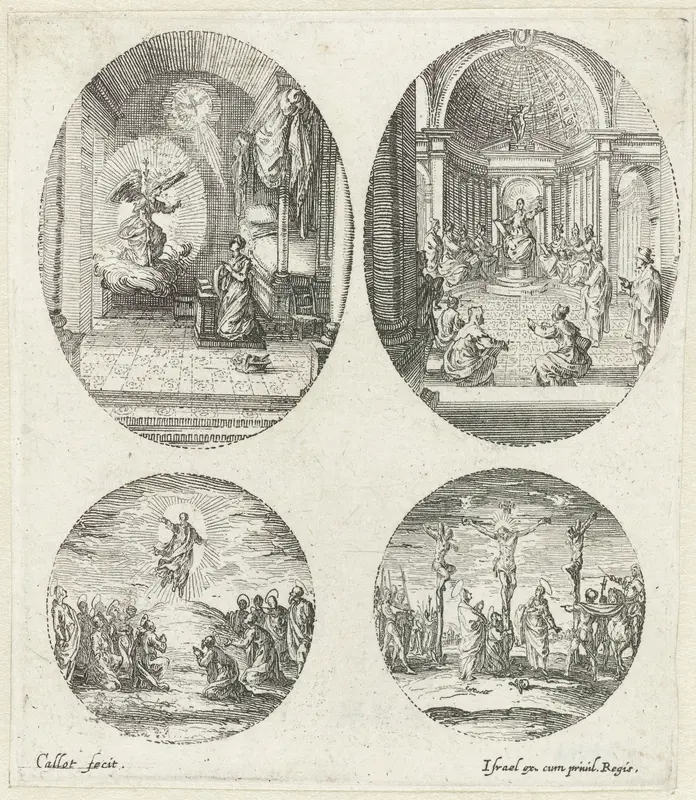 Twee scènes uit het leven van Maria en twee Passiescènes: Annunciatie, De twaalfjarige Christus in de tempel, Hemelvaart, Kruisiging Wall Art by Unknown - High-Resolution Digital Print