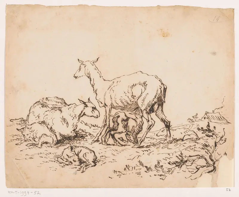 Twee schapen en drie lammeren Wall Art by Johannes Tavenraat - High-Resolution Digital Print