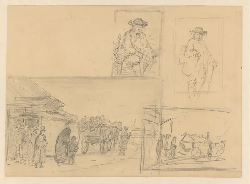 Twee schetsen van een begrafenisstoet en twee schetsen van een man Wall Art by Hendrik Valkenburg - High-Resolution Digital Print