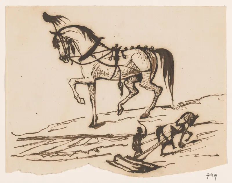 Twee schetsen van een paard met zadel en hoofdtooi en van paard dat een eg over het land trekt Wall Art by Johannes Tavenraat - High-Resolution Digital Print