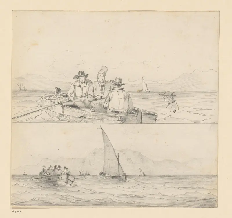 Twee schetsen van een sloep met figuren Wall Art by Willem Anthonie van Deventer - High-Resolution Digital Print