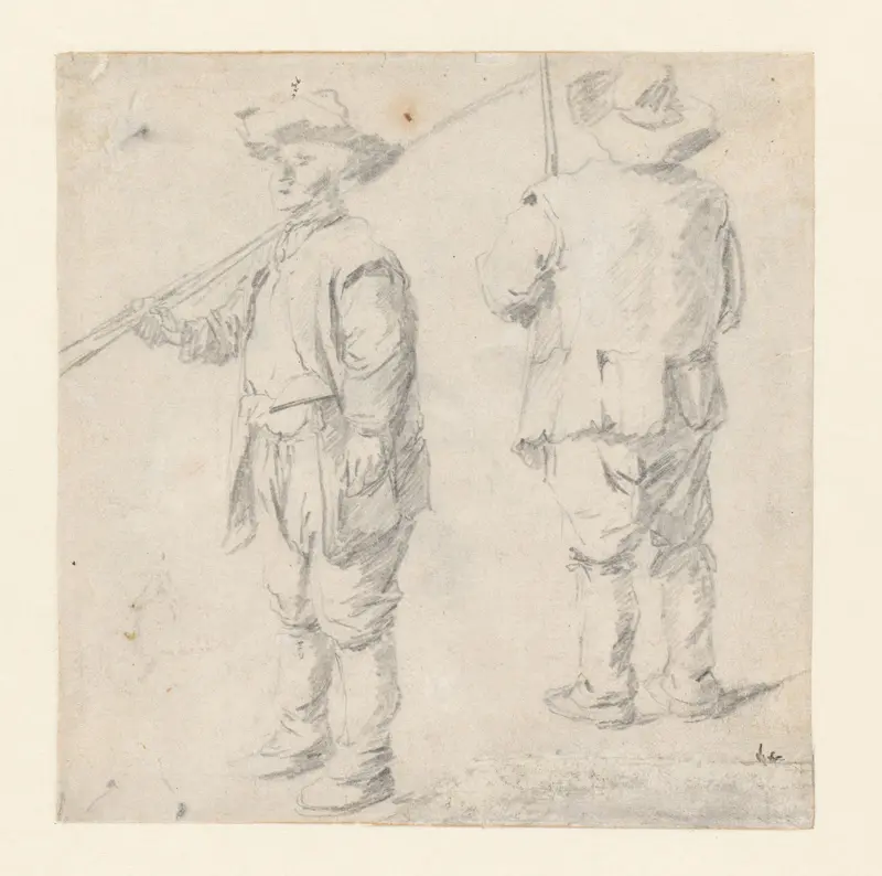 Twee schetsen van een staande man met een stok Wall Art by David Teniers (II) - High-Resolution Digital Print