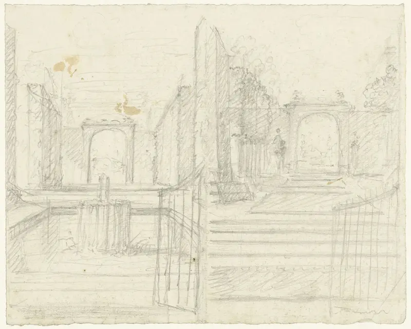 Twee schetsen van een tuin met een vijver, op de voorgrond een openstaand hek Wall Art by Unknown - High-Resolution Digital Print