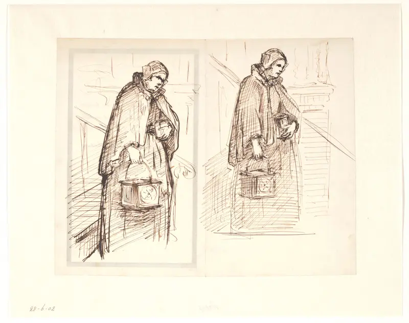 Twee schetsen van een vrouw met kerkboek en stoof op een trap Wall Art by Hendrik Valkenburg - High-Resolution Digital Print