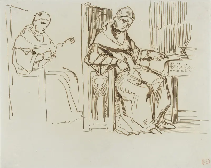 Twee schetsen van een zittende geestelijke Wall Art by Eugène Delacroix - High-Resolution Digital Print