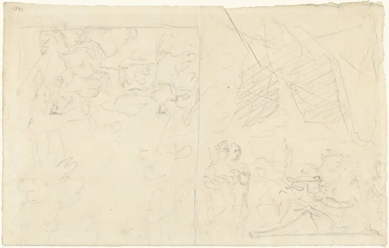 Twee schetsen van figuren in een landschap Wall Art by Unknown - High-Resolution Digital Print