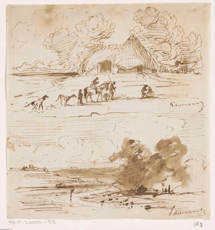 Twee schetsen van landschappen met figuren Wall Art by Unknown - High-Resolution Digital Print