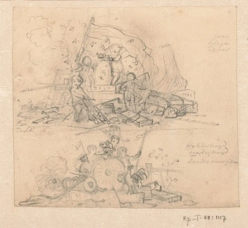 Twee schetsen van putti bij symbolen met betrekking tot de VOC Wall Art by Jurriaan Andriessen - High-Resolution Digital Print