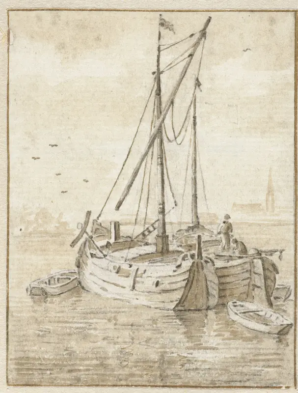 Twee schuiten met enkele roeibootjes Wall Art by Herman Saftleven - High-Resolution Digital Print