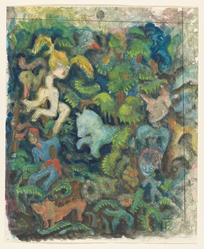 Twee staande figuren tussen planten en dieren, waaronder een paard Wall Art by Unknown - High-Resolution Digital Print