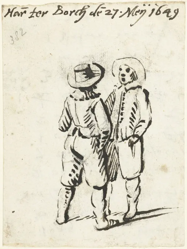 Twee staande jongemannen in gesprek Wall Art by Unknown - High-Resolution Digital Print