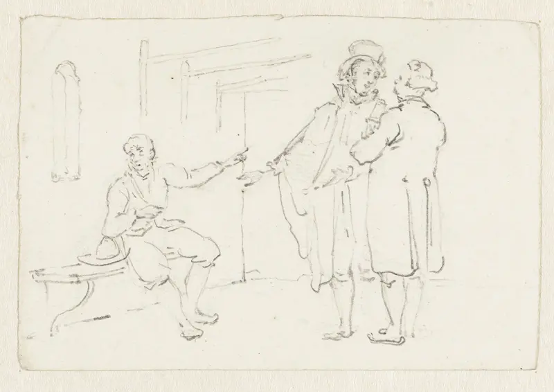 Twee staande mannen bij een zittende man Wall Art by Pieter Bartholomeusz. Barbiers - High-Resolution Digital Print