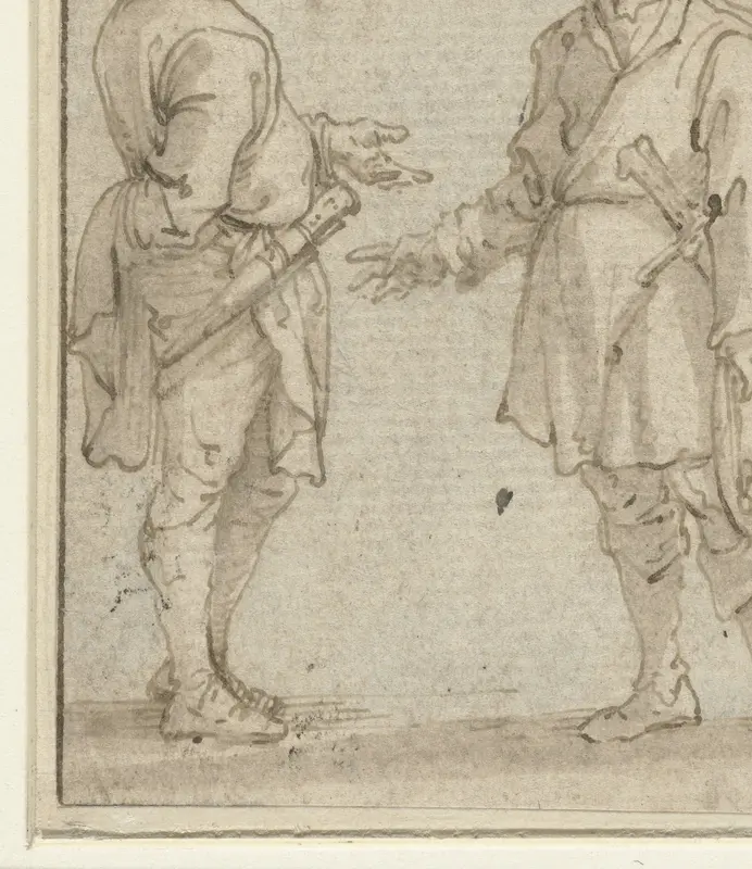 Twee staande mannen die met elkaar praten Wall Art by Unknown - High-Resolution Digital Print