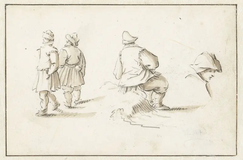 Twee staande mannen, een zittende man en een kopstudie Wall Art by Herman Saftleven - High-Resolution Digital Print