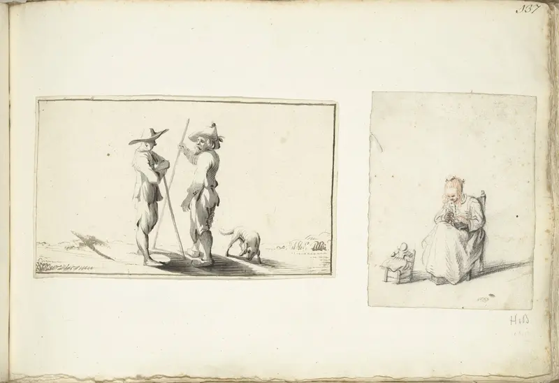 Twee staande mannen en een naaiend meisje Wall Art by Harmen ter Borch - High-Resolution Digital Print