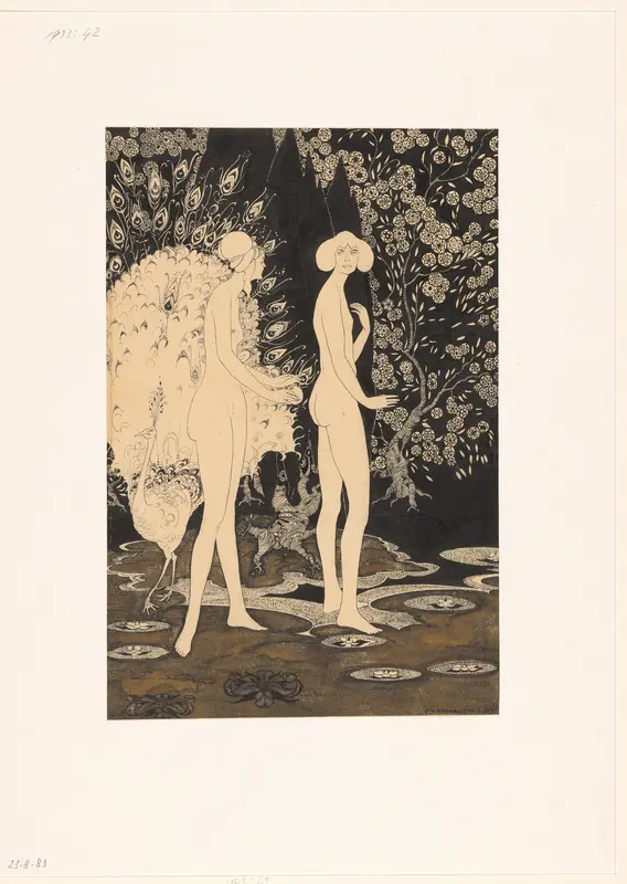 Twee staande naakte vrouwen en een pauw Wall Art by Unknown - High-Resolution Digital Print