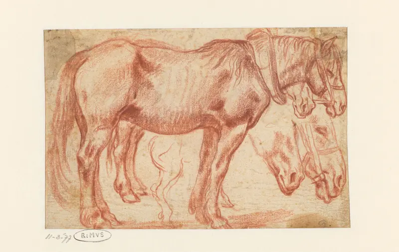 Twee staande paarden, paardenhoofden en achterbenen van een paard Wall Art by Unknown - High-Resolution Digital Print