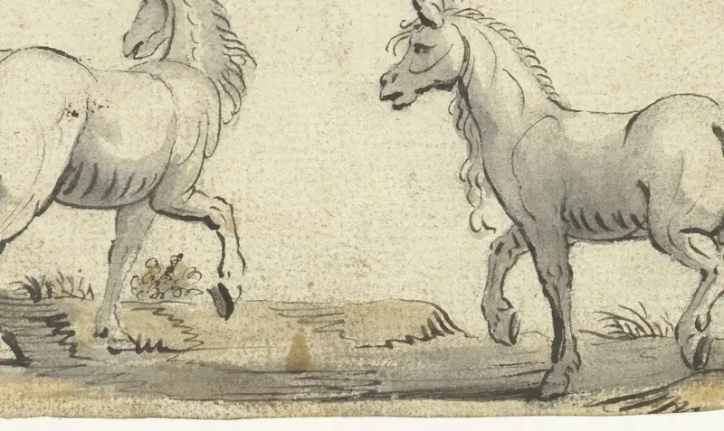 Twee stapvoets lopende paarden, van opzij gezien Wall Art by Gerard ter Borch (I) - High-Resolution Digital Print