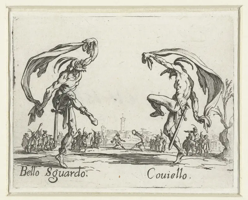 Twee straatartiesten als Bello Sguardo en Coviello Wall Art by Jacques Callot - High-Resolution Digital Print