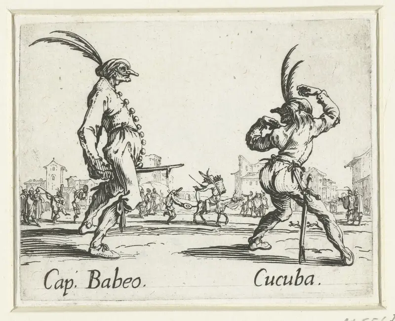 Twee straatartiesten als Capitano Babeo en Cucuba Wall Art by Jacques Callot - High-Resolution Digital Print