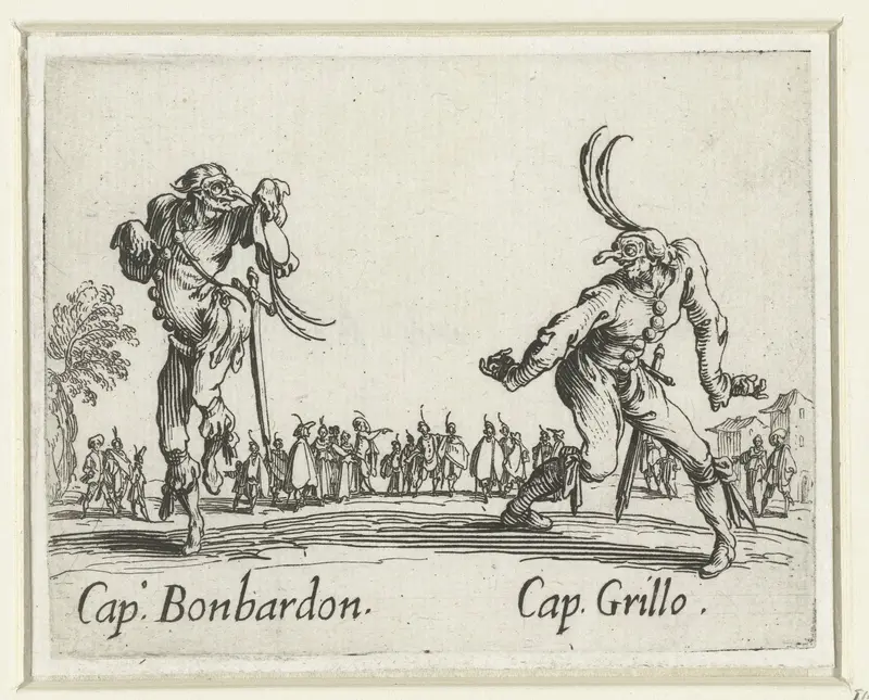 Twee straatartiesten als Capitano Bonbardon en Capitano Grillo Wall Art by Jacques Callot - High-Resolution Digital Print