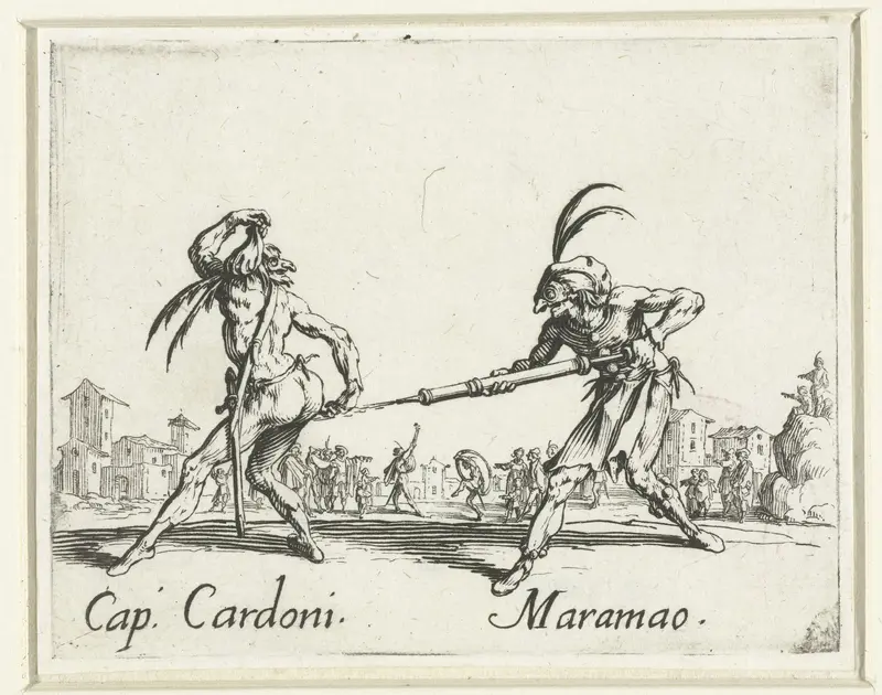 Twee straatartiesten als Capitano Cardoni en Maramao Wall Art by Jacques Callot - High-Resolution Digital Print
