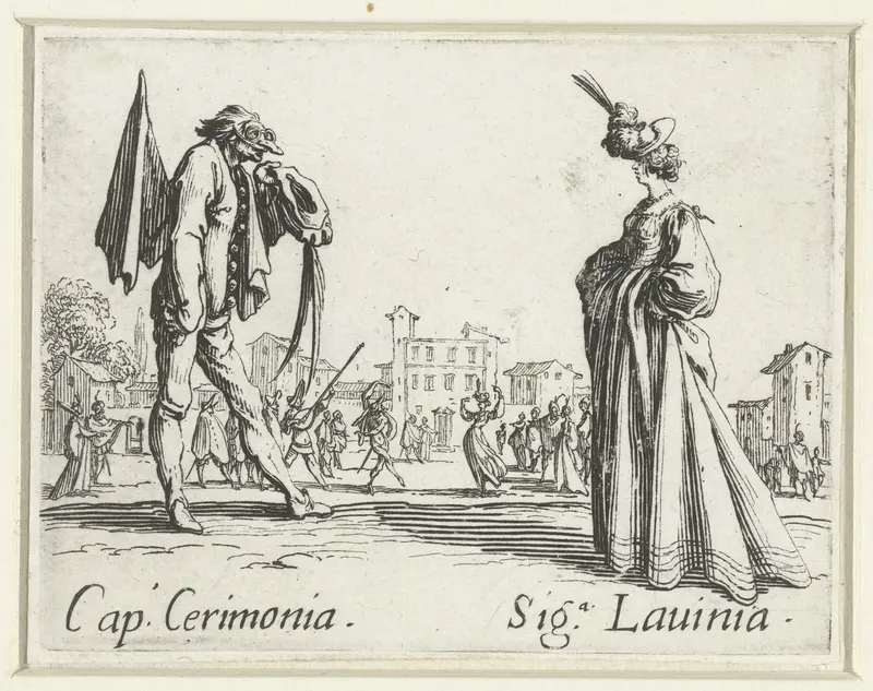 Twee straatartiesten als Capitano Cerimonia en Signora Lavinia Wall Art by Jacques Callot - High-Resolution Digital Print