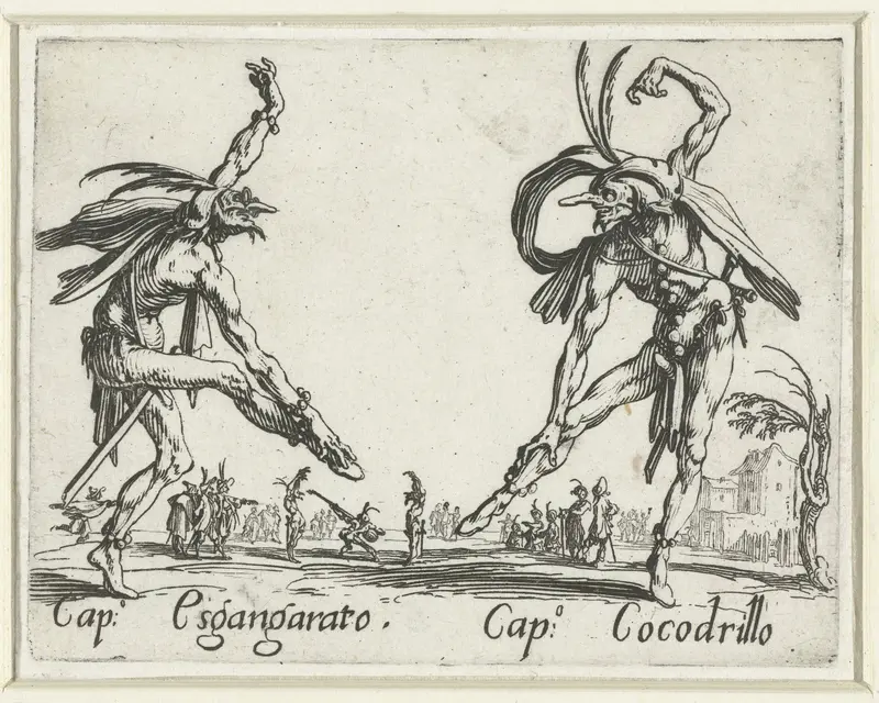 Twee straatartiesten als Capitano Esgangarato en Capitano Cocodrillo Wall Art by Jacques Callot - High-Resolution Digital Print