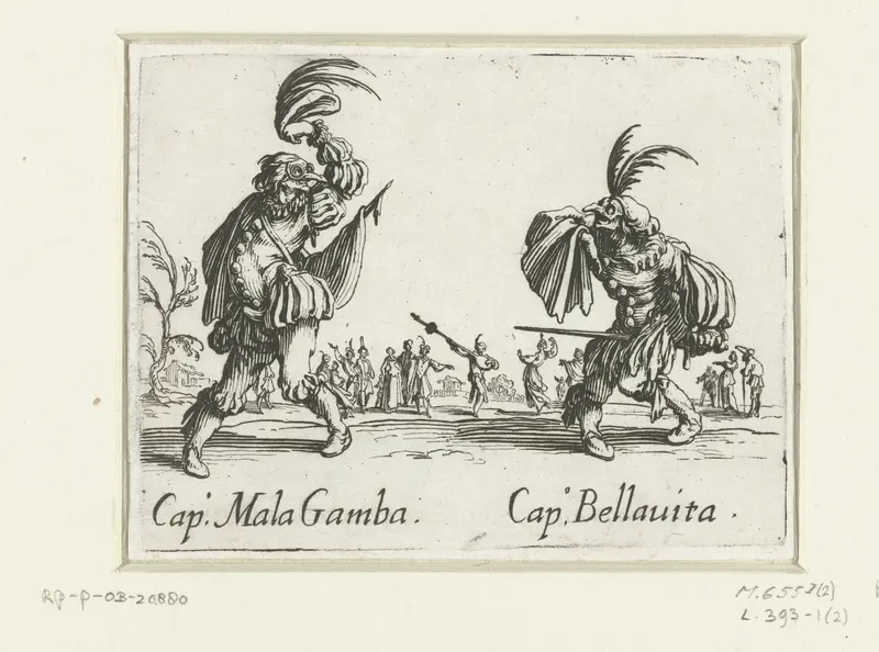 Twee straatartiesten als Capitano Mala Gamba en Capitano Bellavita Wall Art by Jacques Callot - High-Resolution Digital Print