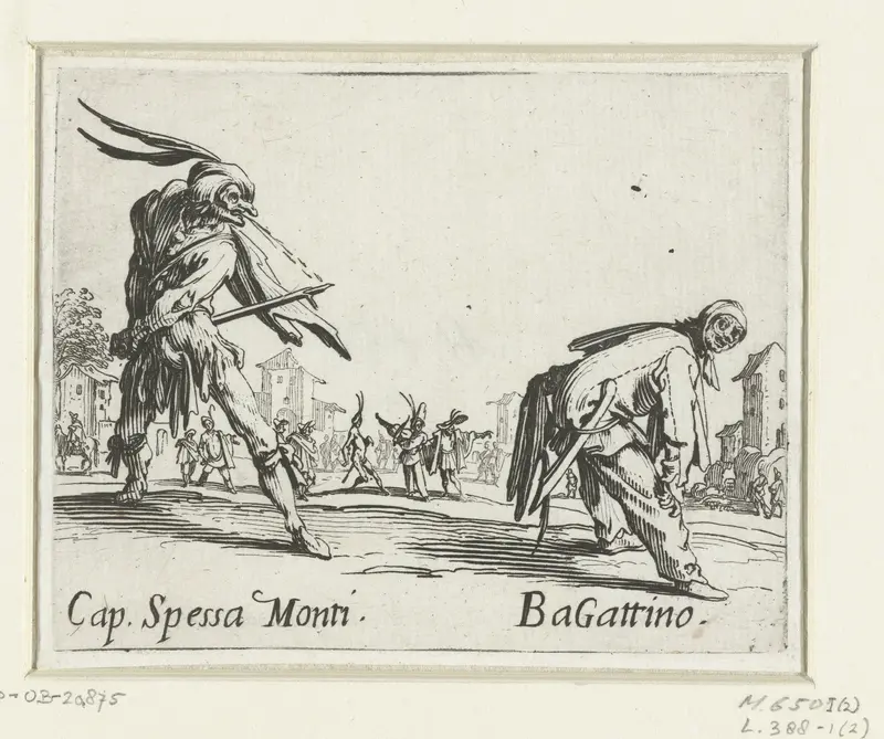 Twee straatartiesten als Capitano Spessa Monti en Bagattino Wall Art by Jacques Callot - High-Resolution Digital Print