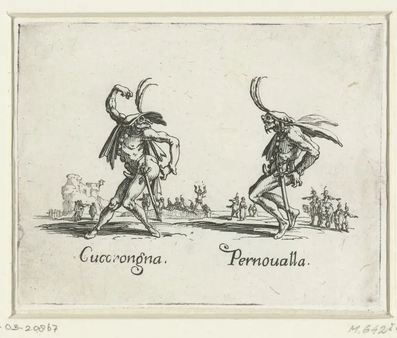 Twee straatartiesten als Cucorongna en Pernoualla Wall Art by Jacques Callot - High-Resolution Digital Print