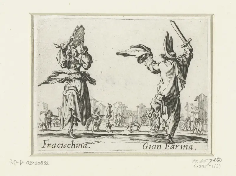 Twee straatartiesten als Fracischina en Gian Farina Wall Art by Jacques Callot - High-Resolution Digital Print