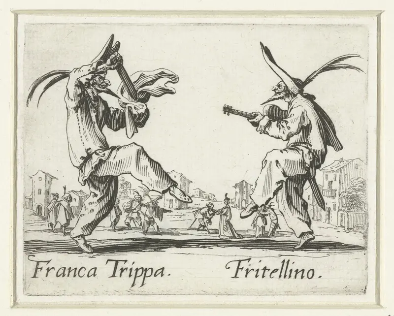 Twee straatartiesten als Franca Trippa en Fritellino Wall Art by Jacques Callot - High-Resolution Digital Print