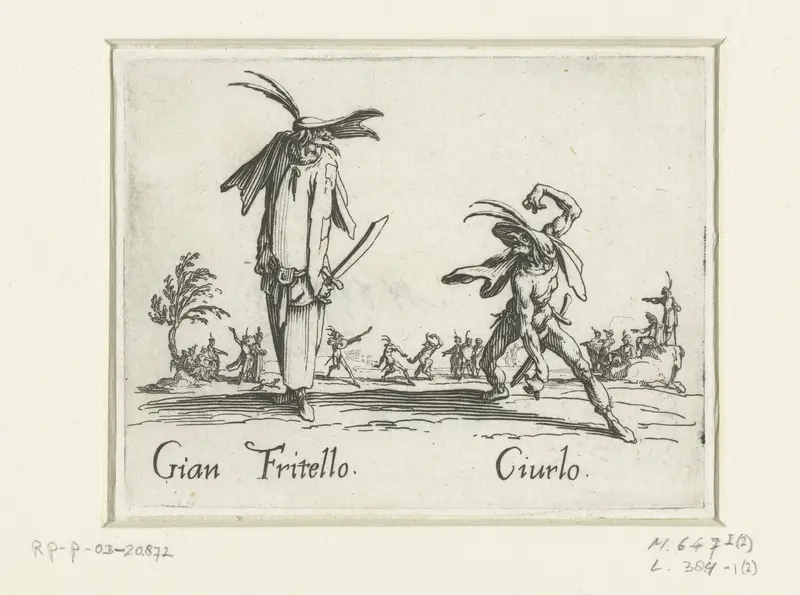 Twee straatartiesten als Gian Fritello en Ciurlo Wall Art by Jacques Callot - High-Resolution Digital Print