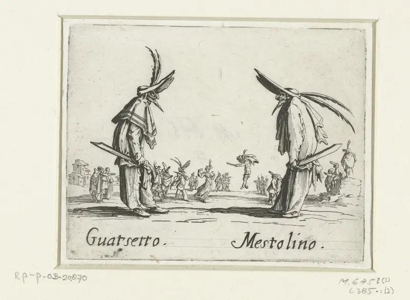 Twee straatartiesten als Guatsetto en Mestolino Wall Art by Jacques Callot - High-Resolution Digital Print