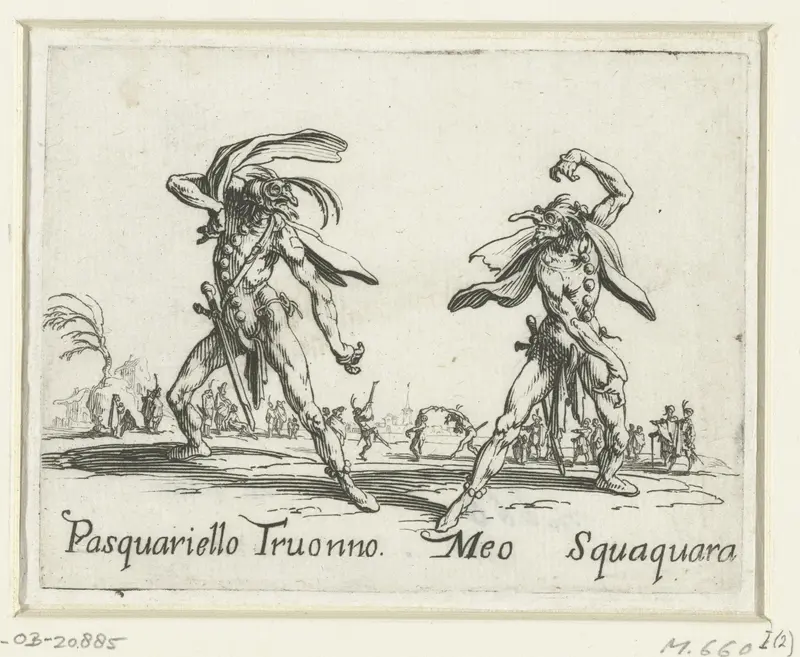 Twee straatartiesten als Pasquariello Truonno en Meo Squaquara Wall Art by Jacques Callot - High-Resolution Digital Print