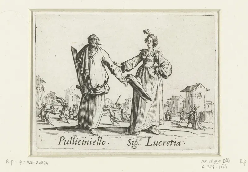 Twee straatartiesten als Pulliciniello en Signora Lucretia Wall Art by Jacques Callot - High-Resolution Digital Print
