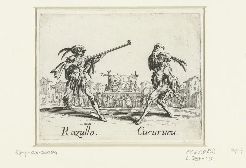 Twee straatartiesten als Razullo en Cucurucu Wall Art by Jacques Callot - High-Resolution Digital Print